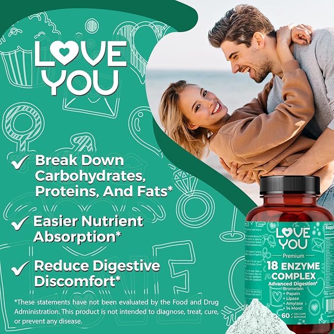 Love You 18 Enzyme Complex – Plant-Based Digestive Enzymes for Women & Men | Supports Nutrient Absorption & Digestive Comfort | 60 Vegan Capsules Made in USA