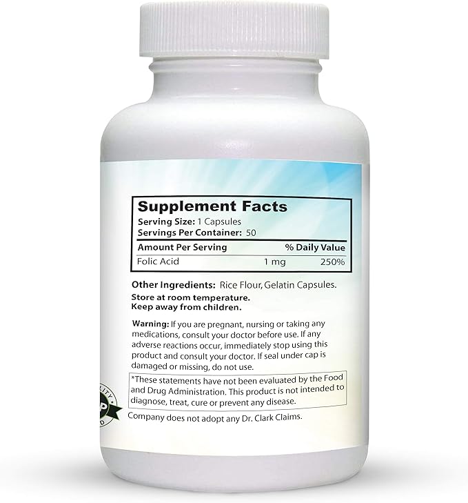 Dr. Clark Folic Acid (Vitamin B9) Supplement – 1mg, 50 Gelatin Capsules, Essential B Vitamin for Daily Health