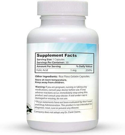 Dr. Clark Folic Acid (Vitamin B9) Supplement – 1mg, 50 Gelatin Capsules, Essential B Vitamin for Daily Health