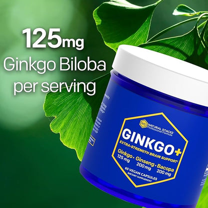 NATURAL STACKS Ginkgo Biloba + Dopamine Brain Food Bundle - Supports Focus & Mental Drive* - 120 Capsules