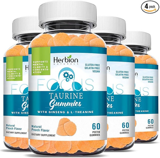 HERBION Naturals Taurine Gummies with Ginseng, L-Theanine, Vitamin C, B3, B6, & B12, Support Mental Clarity & Concentration*, Natural Peach Flavor, Gluten-Free, USA Made, 240 Count (Pack of 4)