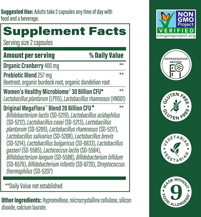 MegaFood MegaFlora Probiotics for Women + Prebiotics and Probiotics with 14 Strains & 50 Billion CFUs, with Cranberry for Women Digestive Health, Vegetarian- 90 Capsules (45 Servings)