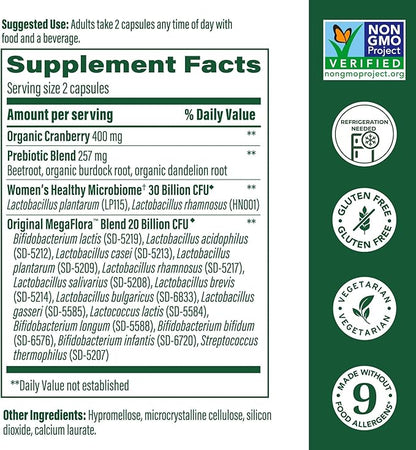 MegaFood MegaFlora Probiotics for Women + Prebiotics and Probiotics with 14 Strains & 50 Billion CFUs, with Cranberry for Women Digestive Health, Vegetarian- 90 Capsules (45 Servings)