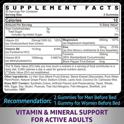Zinc and Magnesium Supplement (Made in USA), Zinc Magnesium Aspartate Post Workout Gummies for Men Women, w/Vitamin B6, B12, D3, Turmeric for Nighttime Muscle Recovery, Boost Immunity & Sleep, 60 Cts