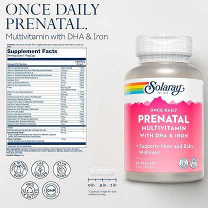 SOLARAY Once Daily Prenatal Multivitamin with DHA & Iron, Prenatal Vitamins and Minerals for Expectant Mothers, Easy Morning Herbal Blend & Whole Food Base, Lab Verified, 90 Servings, 90 VegCaps