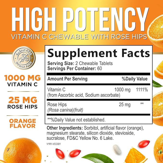 Vitamin C 1000mg Supplement - Extra Strength Chewable Immune Support Vitamin C Dietary Supplement with Rose HIPS, Nature's VitaminC Antioxidant Support, Natural, Vegan, Orange Flavor - 120 Tablets