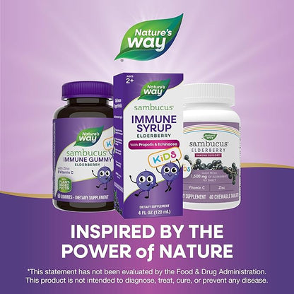 Nature's Way Sambucus Elderberry Immune Syrup for Kids Ages 2+, with Echinacea & Propolis, Daily Immune Support*, Vegetarian, Berry Flavored, 4 Fl Oz (Packaging May Vary)