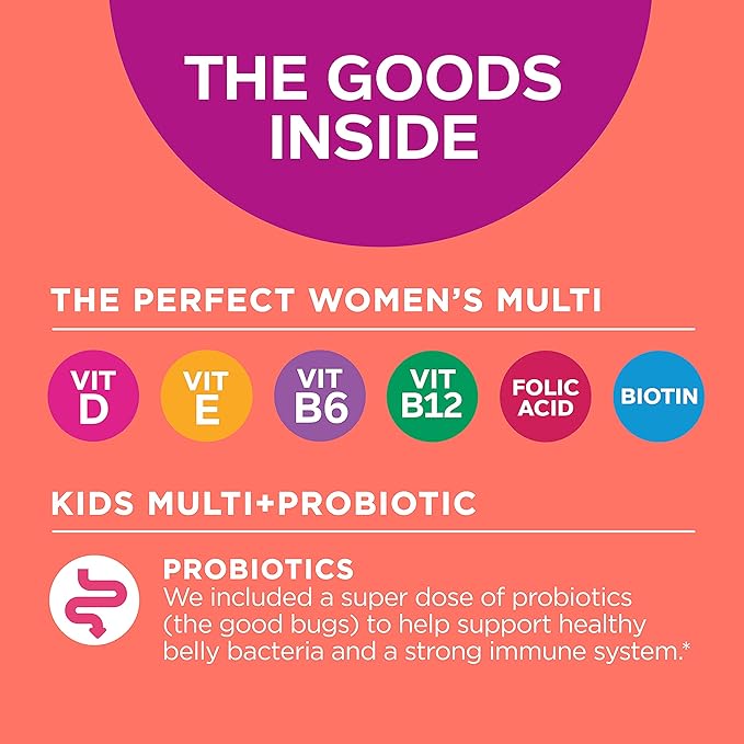 OLLY Gift, Family 2 Pack: Women's Multivitamin Gummy (90 Count), Kids Multivitamin + Probiotic Gummy (70 Count), Vitamins A, D, C, E, B, Chewable Supplement, Blissful Berry, Yum Berry Punch, 160 Count