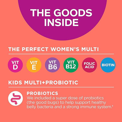 OLLY Gift, Family 2 Pack: Women's Multivitamin Gummy (90 Count), Kids Multivitamin + Probiotic Gummy (70 Count), Vitamins A, D, C, E, B, Chewable Supplement, Blissful Berry, Yum Berry Punch, 160 Count