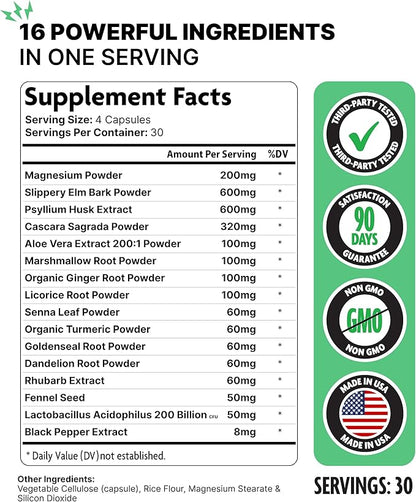 16 in 1 Slippery Elm Bark Supplement for Women & Men - Probiotic, Psyllium Husk, Cascara, Magnesium & Marshmallow Root Complex for Digestive Health & Leaky Gut Wellness - DGL Licorice Extract Capsules