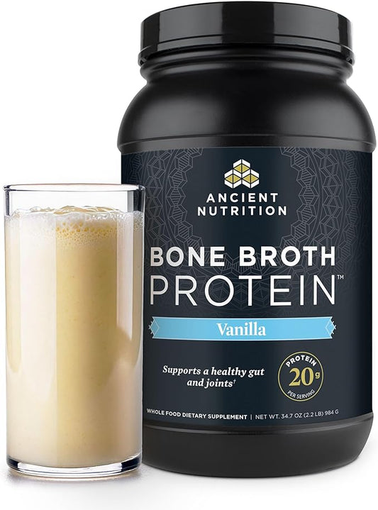 Ancient Nutrition Grass Fed, Cage Free, Bone Broth Protein Powder, 20g Protein, Hydrolyzed Collagen Peptides, Keto & Paleo Friendly, Supports Joint, Gut Health, Vanilla, 40 Servings