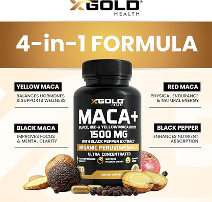 X Gold Health Organic Maca Root Powder Capsules 1500mg with Black | Red & Yellow Peruvian Maca Root Extract Gelatinized, Energy & Mood Supplement for Men & Women + Black Pepper for Best Benefits