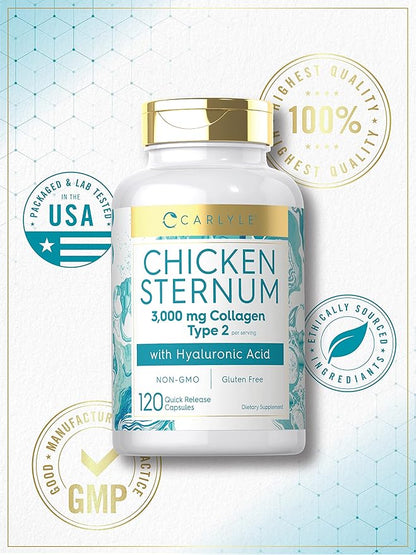 Carlyle Chicken Sternum Cartilage Collagen Capsules | Type II 3000mg | 120 Pills | with Hyaluronic Acid | Non-GMO, Gluten Free