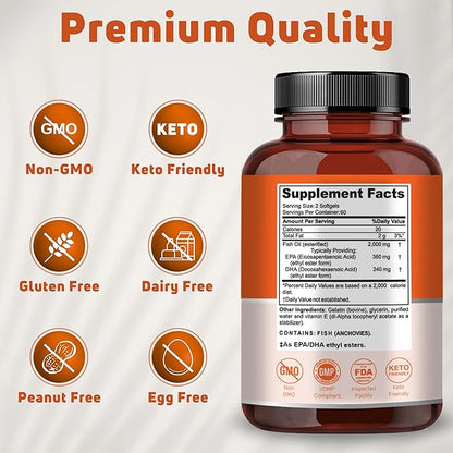 Omega 3 Fish Oil 2000mg. Fish Oil Omega 3 Supplements to Support Heart Health, Brain Functions and Cardiovascular System - Non-GMO, Gluten-Free & Keto-Friendly - 60 Servings, 120 Softgels