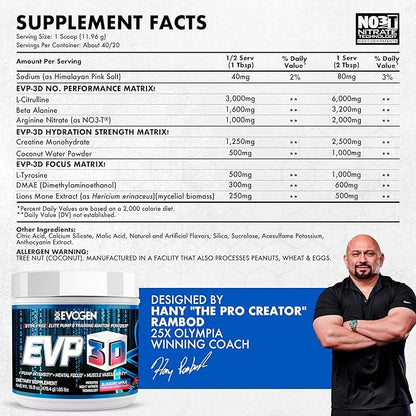 Evogen EVP 3D - Stim Free Pre Workout Powder for Men & Women | Sugar Free Non Stim Preworkout with Beta Alanine and Creatine for Energy & Pump | Blueberry Apple | 40 Servings