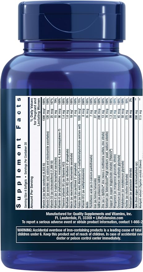 Life Extension Prenatal Advantage Supplement – Comprehensive Prenatal Vitamin for Pregnant Women - Complete Multivitamin for Healthy Brain with DHA - Non-GMO, Gluten-Free -120 Softgels