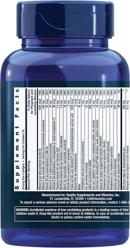 Life Extension Prenatal Advantage Supplement – Comprehensive Prenatal Vitamin for Pregnant Women - Complete Multivitamin for Healthy Brain with DHA - Non-GMO, Gluten-Free -120 Softgels