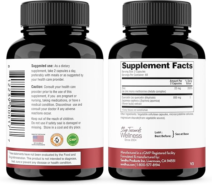 Sandhu's Zinc with Quercetin Capsules for Men & Women | Supports Immunity, Bone Health and Quality Sleep | 120 Count