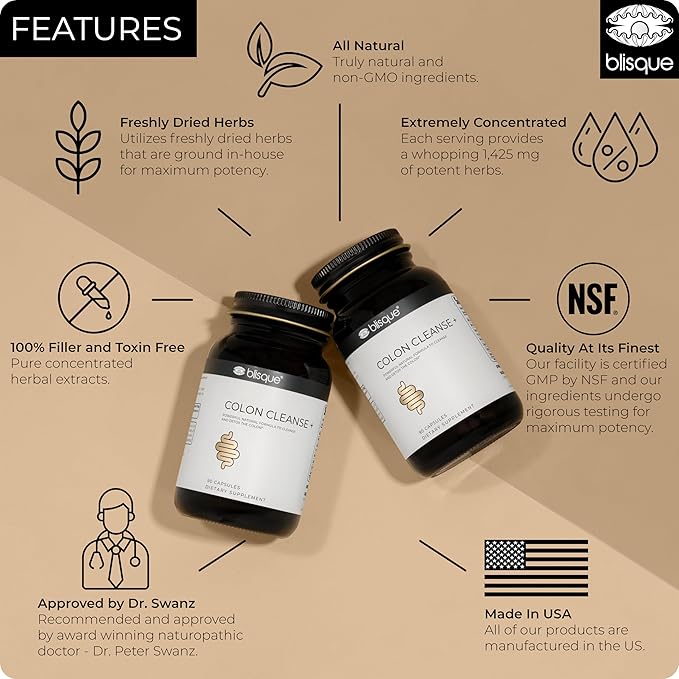 Blisque - Natural Colon Cleanse Supplement for Detox, Constipation Relief, Stool Softener, and Digestive Health | with Aged Cascara Sagrada Bark | 90 Capsules | Vegan and Non-GMO
