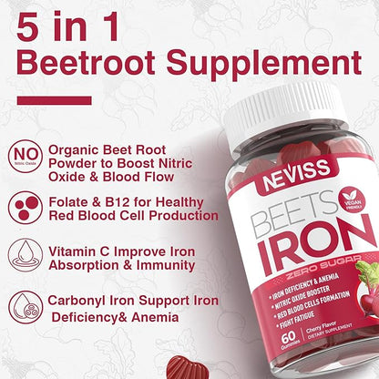 Beet Root Gummies with Iron, Methyl B12, Folate, Vitamin C - Made in USA - Increase Nitric Oxide & Iron Levels, Energy Support, Fight Fatigue, Beetroot & Gentle Iron Supplement, Sugar Free, 120 Count