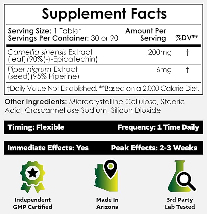 Nootropics Depot Epicatechin Tablets | 200mg (−)−Epicatechin + 6mg Piperine for Bioavailability | Green Tea Extract | Promotes Muscle Mass, Cardiovascular Health, and Energy | 30 Count