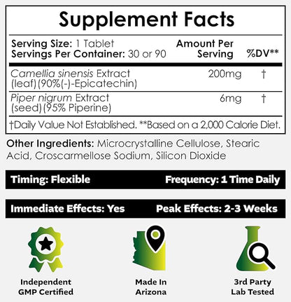 Nootropics Depot Epicatechin Tablets | 200mg (−)−Epicatechin + 6mg Piperine for Bioavailability | Green Tea Extract | Promotes Muscle Mass, Cardiovascular Health, and Energy | 30 Count