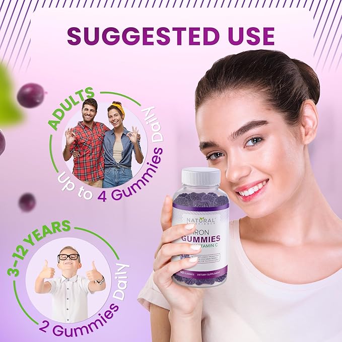 Iron Gummies with Vitamin C - Chewable Iron Supplement for Iron Deficiency Anemia, Red Blood Cell Support, Energy, Immune Function, Brain Health, Max Absorption, Grape Flavor, 180 Vegan Gummies