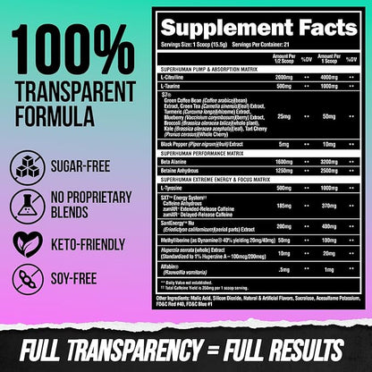 ALPHA LION Superhuman Extreme High Stim Pre Workout Powder, Beta Alanine, L-Taurine & 356mg Tri-Source Caffeine for Sustained Energy, Nitric Oxide & Citrulline for Pump (21 Servings, Grape Flavor)