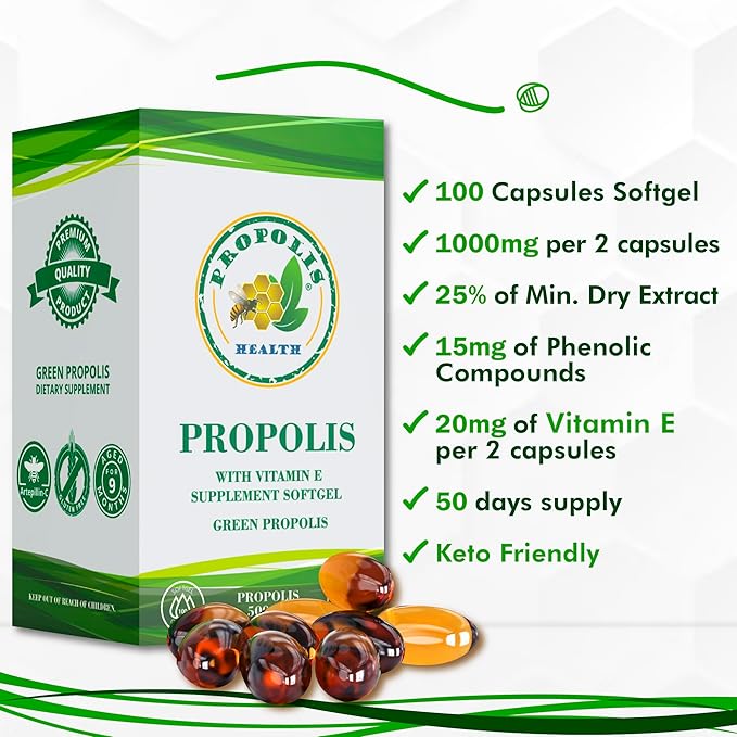 Propolis Health Propolis Capsules 1000mg-Daily with Vitamin E Per 2 Capsules - Brazilian Green Propolis Extract - Immune Booster 50 Days Supply Propolis Capsules (100 Capsules)