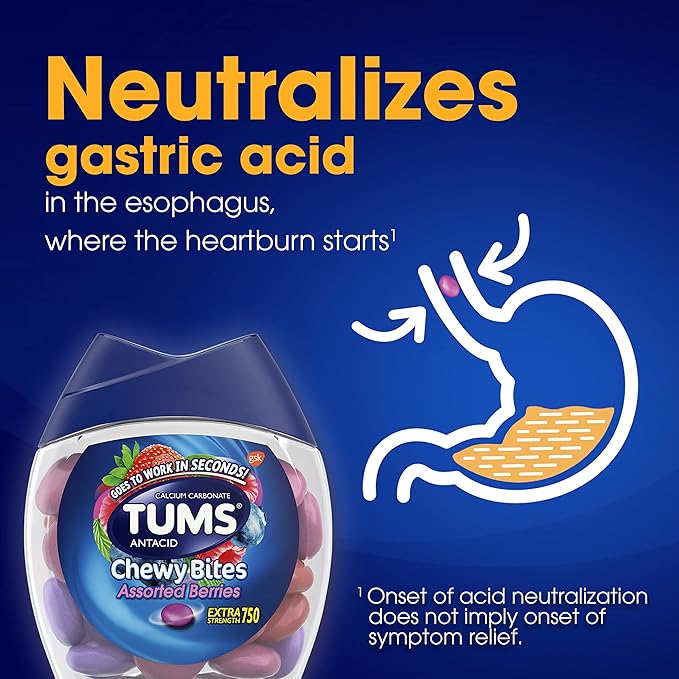 TUMS Chewy Bites Antacid Tablets for Chewable Heartburn Relief and Acid Indigestion Relief, Assorted Berries - 60 Count