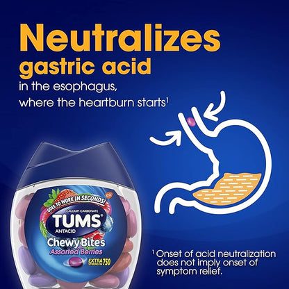 TUMS Chewy Bites Antacid Tablets for Chewable Heartburn Relief and Acid Indigestion Relief, Assorted Berries - 60 Count