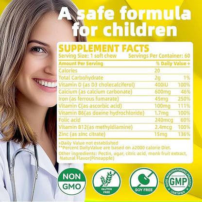 Iron Soft Chews Supplement with Vitamin C | Pineapple Flavored | Gluten Free | Iron Supplement for Women Men and Kids | 60 Count | 2 Month Supply