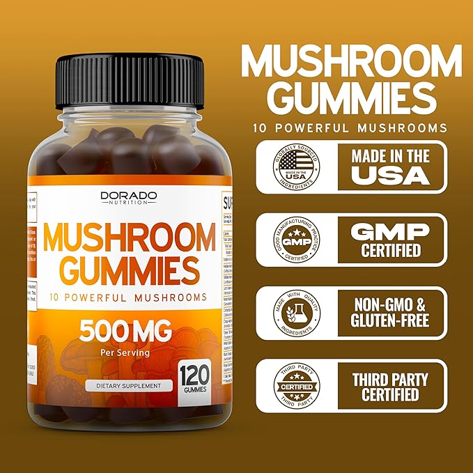 Mushroom Gummies 2500mg 10 in 1 Blend (120 Gummies with Lions Mane, Cordyceps, Reishi & More Functional Mushrooms) Focus & Brain Mushroom Supplement - Vegan & Third Party Tested - USA Made