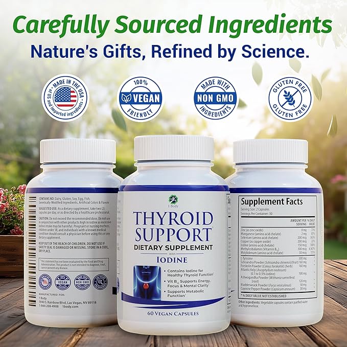 1 Body Thyroid Support Supplement with Iodine, B12, Zinc, Selenium, Ashwagandha, Non-GMO, Vegetarian, 30 Day Supply
