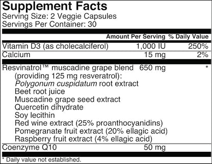 Capsules, 60 Count- Resveratrol Supplement Supports Healthy Aging, Heart Health, and Immune Function with Quercetin, Grape Seed Extract, Vitamin D3 and CoQ10