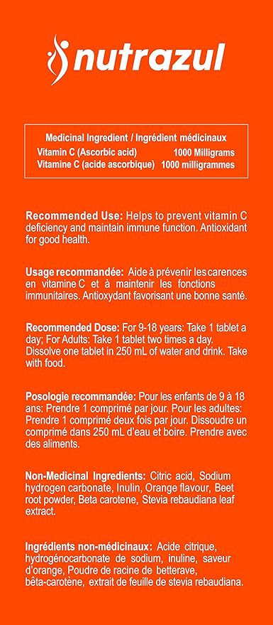 Nutrazul Vitamin C 1000mg Effervescent Tablets- Orange 20’s | 20 Days Supply | Gluten Free, Lactose Free, Sugar Free & Preservative Free | Maintains Immune Function