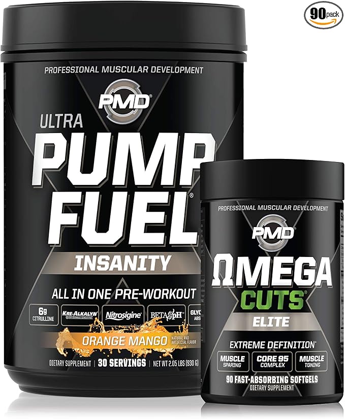 PMD Sports Sports Ultra Pump Fuel Insanity - Pre Workout - Tropical Orange Mango (30 Servings) Sports Omega Cuts Elite Thermogenic Fat Burner (90 Softgels)