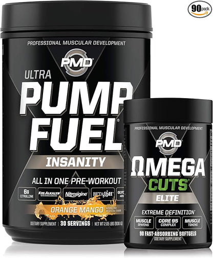 PMD Sports Sports Ultra Pump Fuel Insanity - Pre Workout - Tropical Orange Mango (30 Servings) Sports Omega Cuts Elite Thermogenic Fat Burner (90 Softgels)
