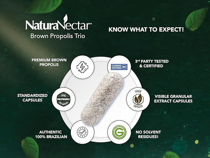 NaturaNectar - Brown Bee Propolis - NSF Contents Certified - Premium Brazilian Propolis - Gluten-Free Supplement with Flavonoids, FLAV-B and PWE - Naturally Sourced Through Ethical Beekeeping (60pcs.)