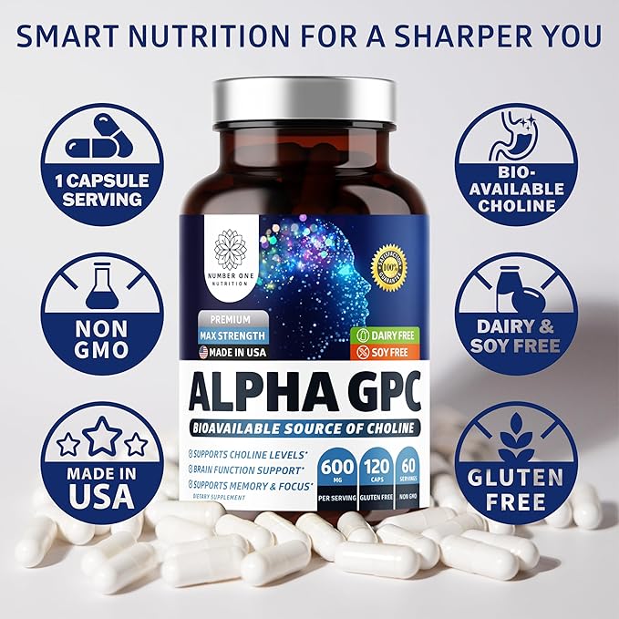 Number One Nutrition Premium Alpha GPC Choline Capsules 600mg, Natural Brain Supplement to Support Focus, Memory, Clarity and Energy, 120 Veg Caps
