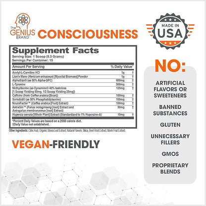 Genius Consciousness - Premium Nootropic Powder for Focus, Memory & Mental Clarity - AlphaSize, NeuroFactor, Lion’s Mane & Dynamine - Natural Brain Booster for Studying, Work & Creativity – Watermelon