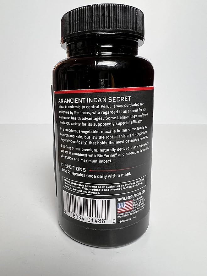 FORCE FACTOR Black Maca Root, 2-Pack, Vitality Supplement for Men with Superior Absorption and Power, Natural Maca Negra Extract, Fundamentals Series, 1000mg, 120 Capsules