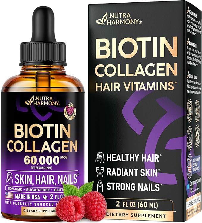 Liquid Biotin & Collagen - Vitamins for Hair Growth Support for Women & Men - Extra Strength 60000 mcg Drops - B7 Supplement - Strong Nails & Healthy Skin - 98% Faster Absorption Than Pills