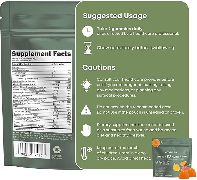 Multivitamin Gummies for Women,1000IU D3 and K2, 16 Essential Nutrients, Bone, Heart and Immune Support, Vegan and Sugar-Free, Mango Orange Flavor, Portable Pouch, Made in USA, 60 Count