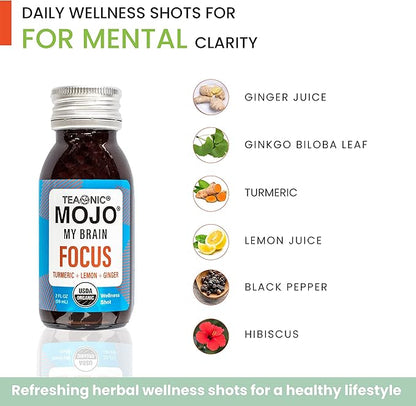 TEAONIC My Brain Mojo: Focus Wellness Shots - USDA-Certified Vegan Formula with Ginkgo Biloba, Ginger, Turmeric - 12 Bottles x 2 Fl Oz Each - Gluten-Free, Non-GMO
