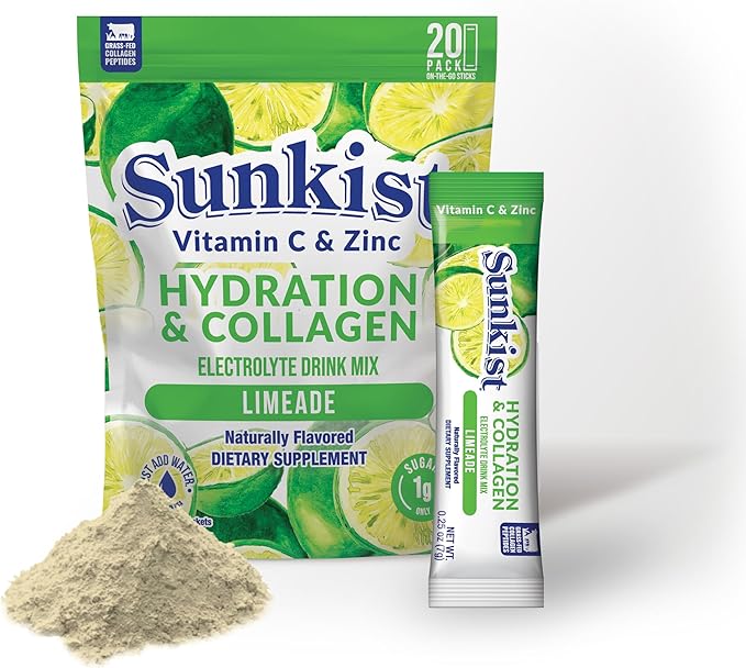 The Frozen Bean Sunkist Collagen Drink Mix - Hydration Limeade Electrolyte Drink for Women with Vitamin C, Zinc, Collagen Peptides, Naturally Flavored - 20 Packs