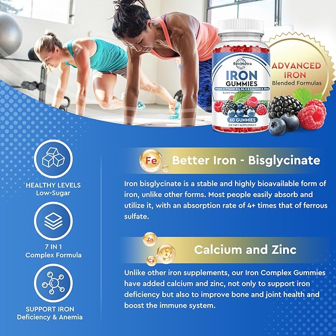 Iron Gummies with Zinc, Calcium, Vitamin C, B6 & B12 | Iron Supplement for Women, Men & Kids | Supports Anemia & Deficiency, Blood Builder & Cell Formation | Chewable Mixed Berry Flavor, 60 Gummies