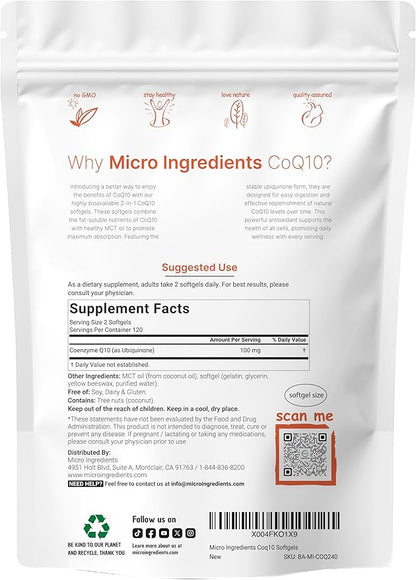 Micro Ingredients CoQ10 100mg Per Serving | 240 Softgels Made with Coconut MCT Oil | High Absorption Coenzyme Q10 as Ubiquinone | Antioxidant Support for Heart & Energy Health | Non-GMO