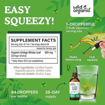 Wild & Organic Ginkgo Biloba Tincture - Brain & Focus Support with Ginkgo Leaf Supplement - Vegan, Sugar & Alcohol-Free Herbal Extract Tincture - 2 fl oz