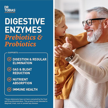 Dr. Tobias Digestive Enzymes with Probiotics, Prebiotics and Postbiotics Bromelain, Amylase, Lipase, for Better Digestion & Immune Function, 60 Capsules, 30 Servings (2 Daily)